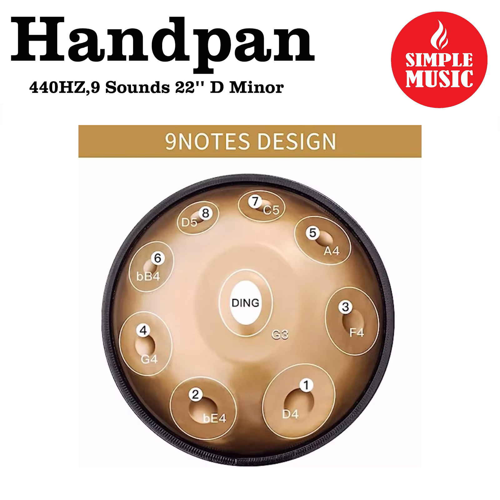 Handpan Drum 440HZ,9 Sounds 22'' D Minor  Steel Percussion Instrument for Adults, Gold